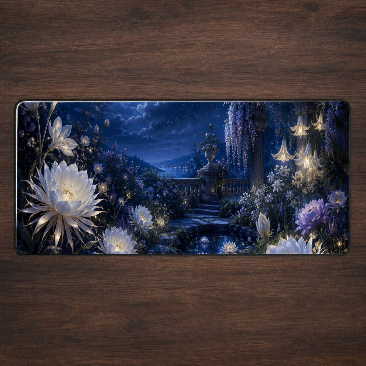 Moonlit Garden Desk Mat 31.5x11.8 Inch, Floral Celestial Art