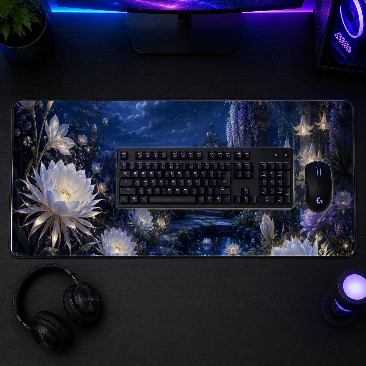 #pl[31.5x11.8 Inch (80x30cm)|Multicolor] Moonlit Garden Desk Mat 31.5x11.8 Inch, Floral Celestial Art