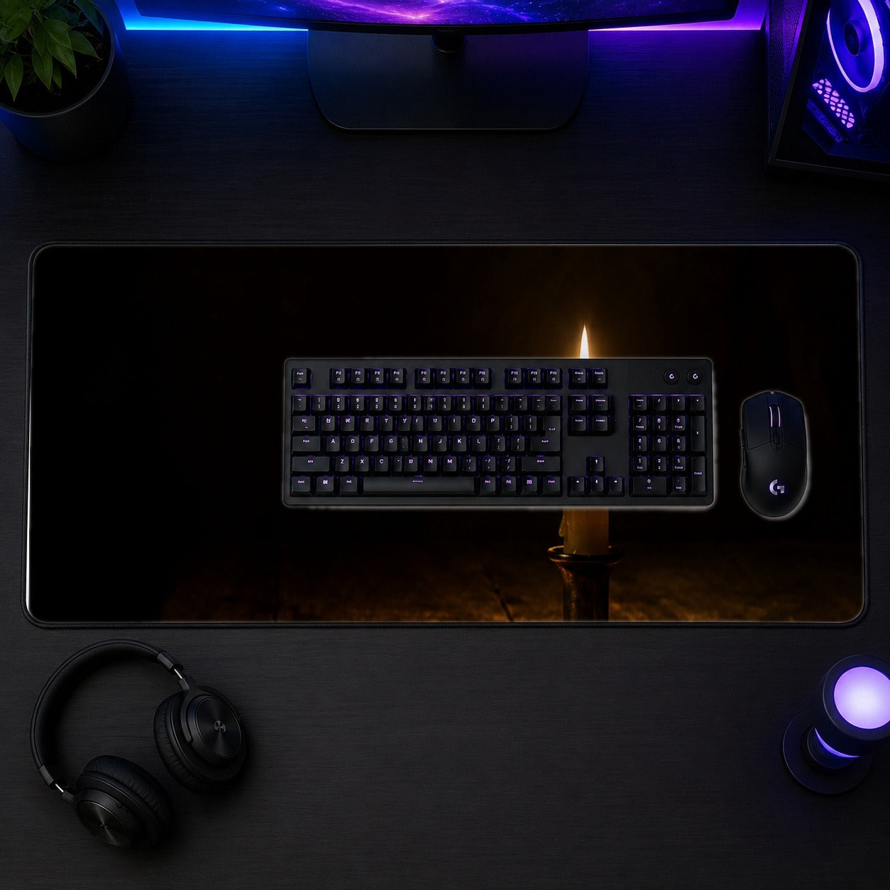 #pl[31.5x11.8 Inch (80x30cm)|Multicolor] Candlelight Desk Mat 31.5x11.8 Inch, Dark Cozy Still Life Art