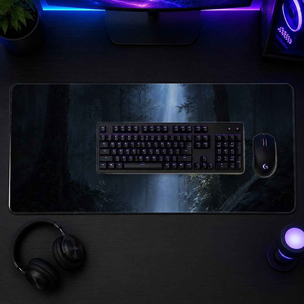 #pl[31.5x11.8 Inch (80x30cm)|Multicolor] Moonlit Forest Desk Mat 31.5x11.8 Inch, Woodland Night Art