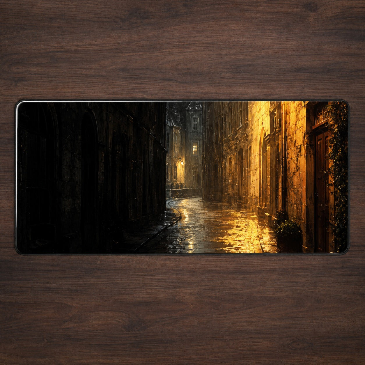 Rainy Street Desk Mat 31.5x11.8 Inch, Vintage Night City Art