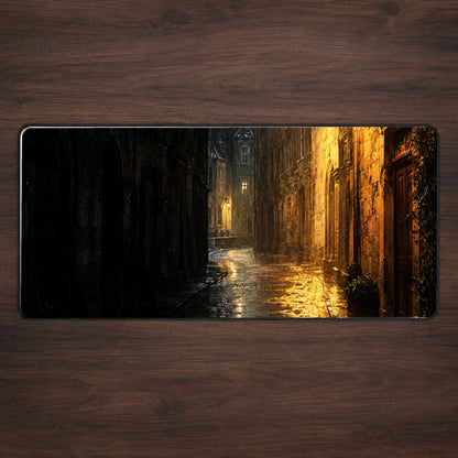 Rainy Street Desk Mat 31.5x11.8 Inch, Vintage Night City Art