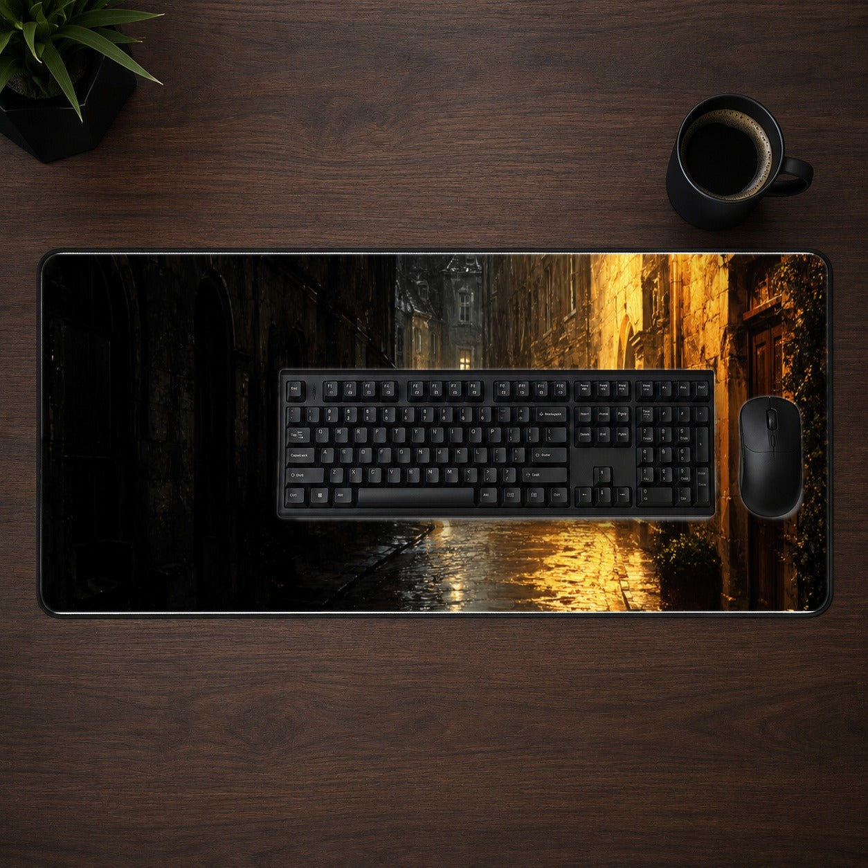 #pl[31.5x11.8 Inch (80x30cm)|Multicolor] Rainy Street Desk Mat 31.5x11.8 Inch, Vintage Night City Art