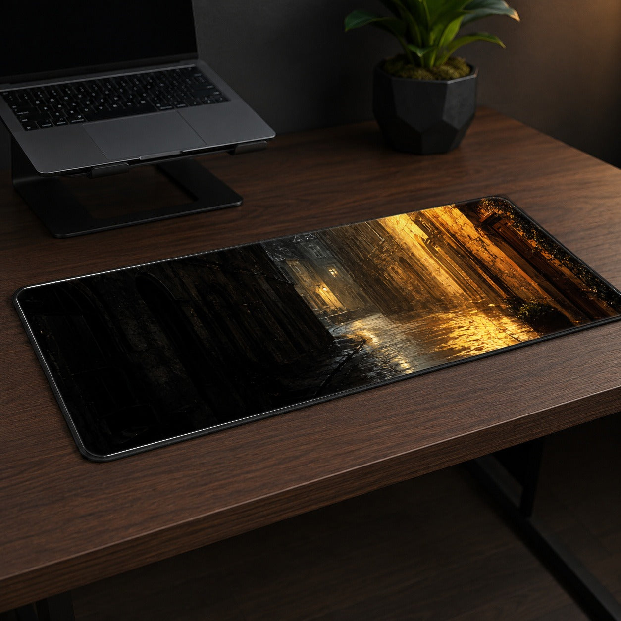 #pl[31.5x11.8 Inch (80x30cm)|Multicolor] Rainy Street Desk Mat 31.5x11.8 Inch, Vintage Night City Art