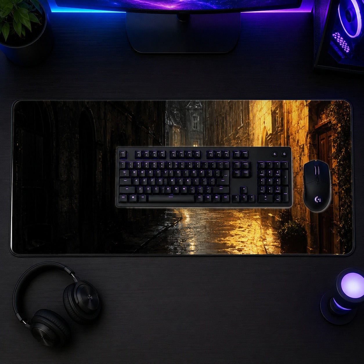 #pl[31.5x11.8 Inch (80x30cm)|Multicolor] Rainy Street Desk Mat 31.5x11.8 Inch, Vintage Night City Art