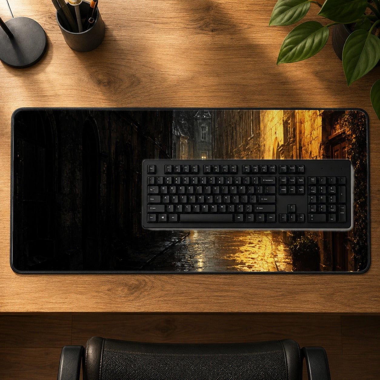 #pl[31.5x11.8 Inch (80x30cm)|Multicolor] Rainy Street Desk Mat 31.5x11.8 Inch, Vintage Night City Art