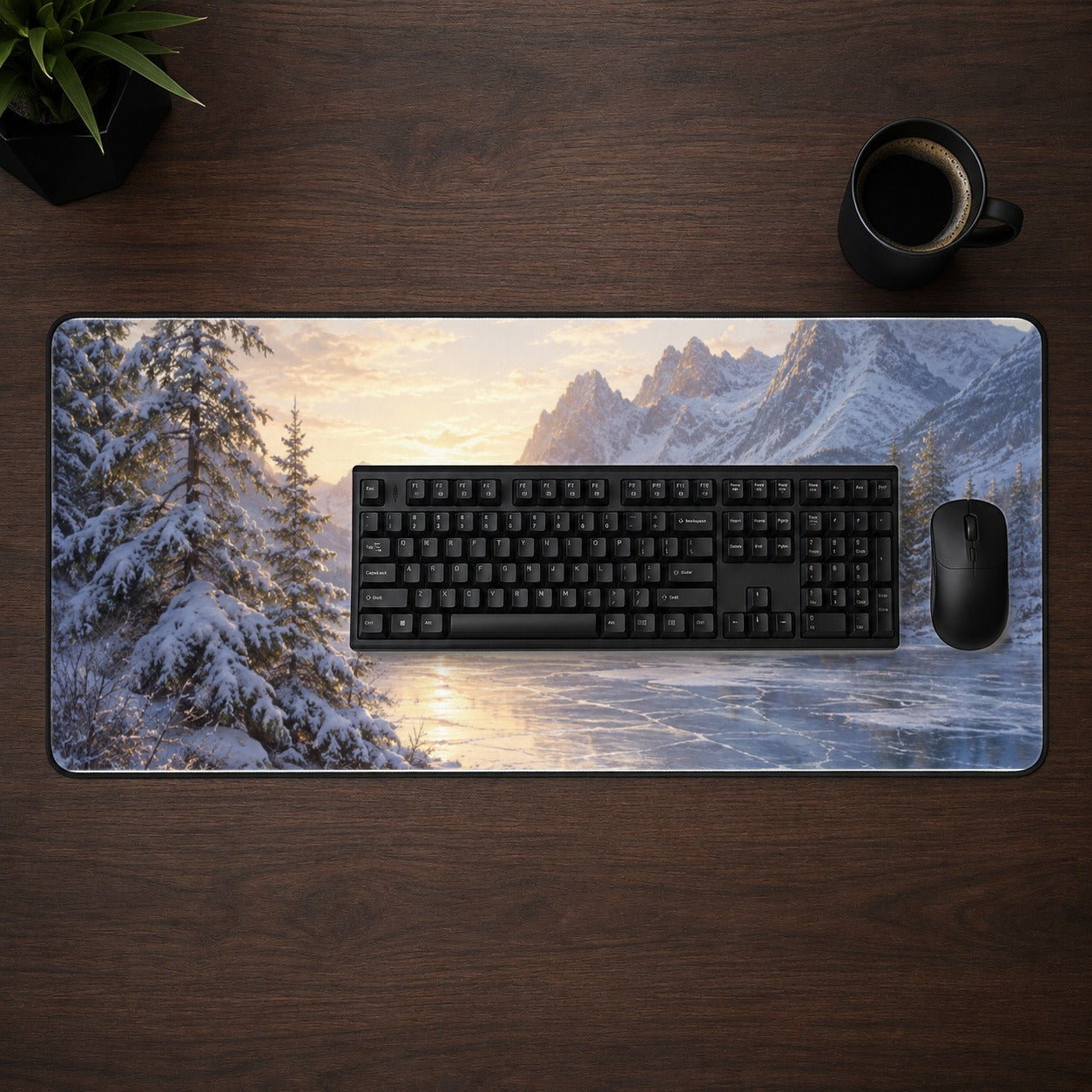 #pl[31.5x11.8 Inch (80x30cm)|Multicolor] Winter Mountain Sunrise Desk Mat 31.5x11.8 Inch, Alpine Art