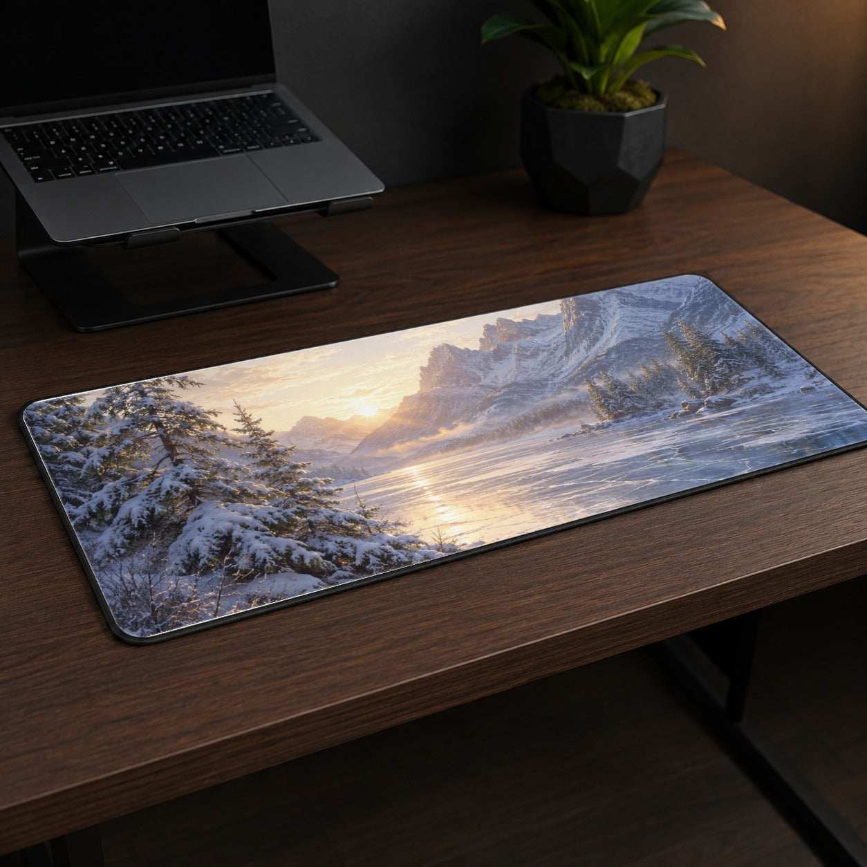 #pl[31.5x11.8 Inch (80x30cm)|Multicolor] Winter Mountain Sunrise Desk Mat 31.5x11.8 Inch, Alpine Art