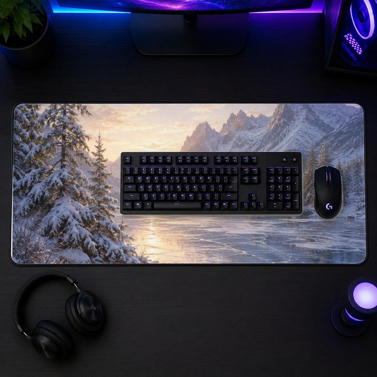 #pl[31.5x11.8 Inch (80x30cm)|Multicolor] Winter Mountain Sunrise Desk Mat 31.5x11.8 Inch, Alpine Art