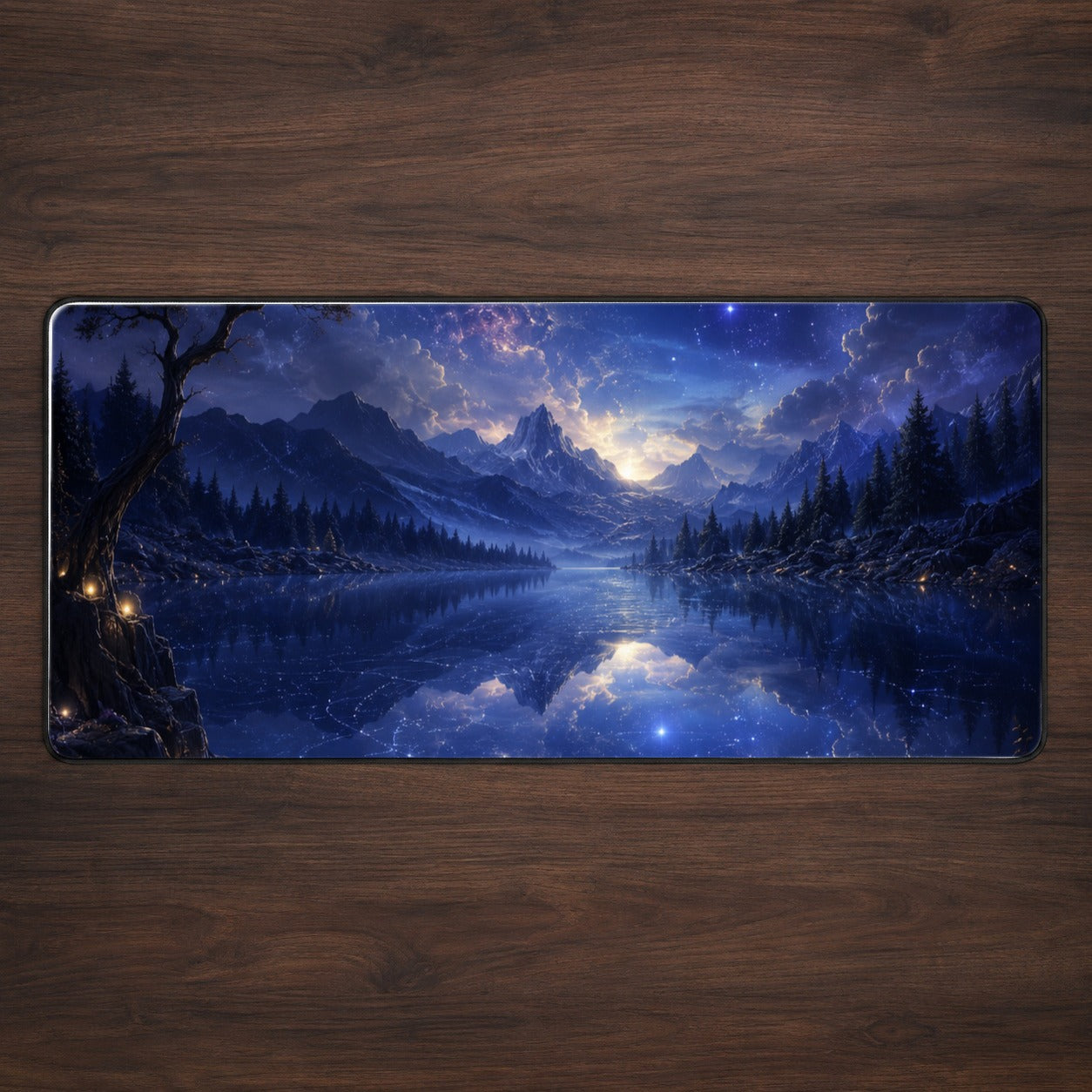 Cosmic Lake Desk Mat 31.5x11.8 Inch, Moonlit Celestial Art