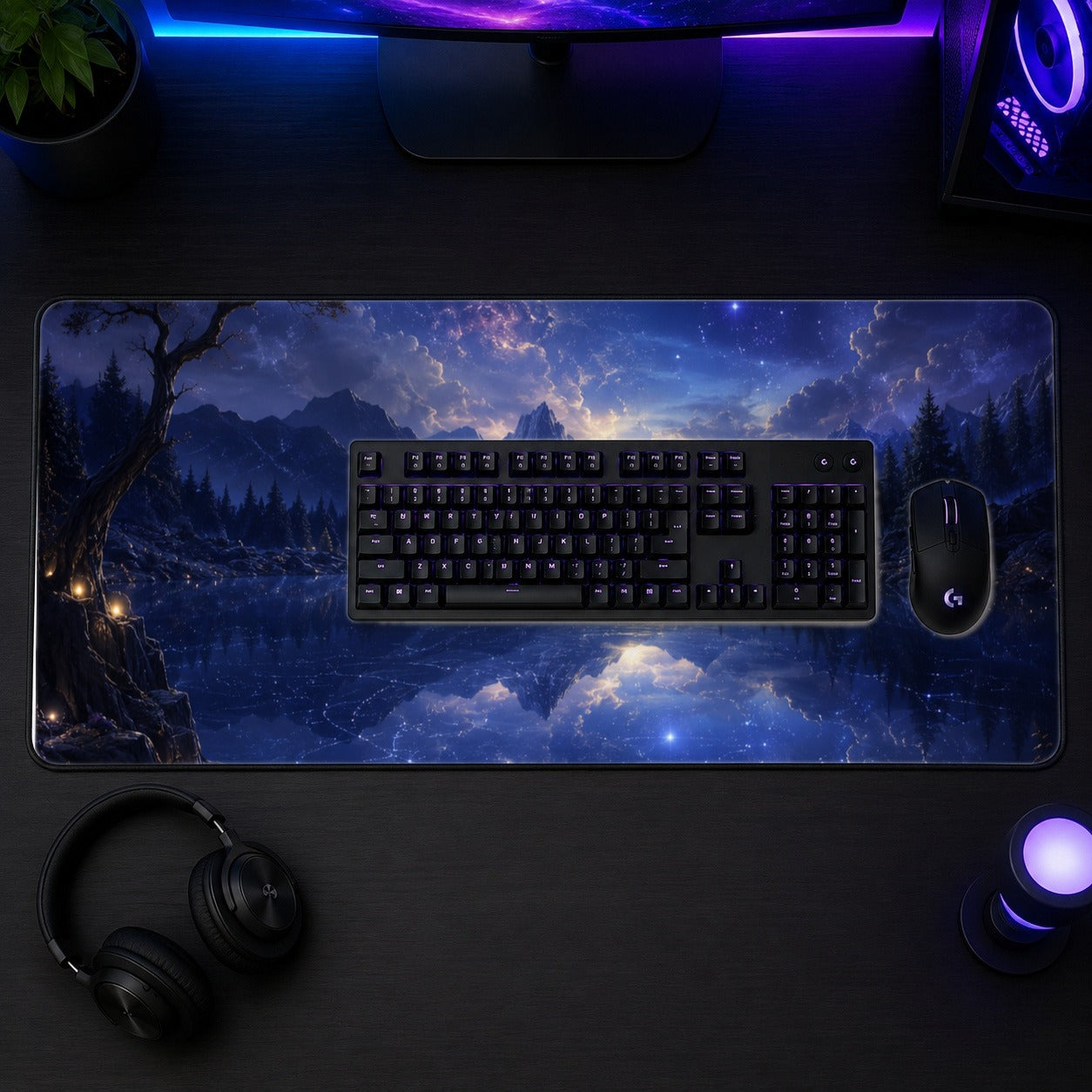 #pl[31.5x11.8 Inch (80x30cm)|Multicolor] Cosmic Lake Desk Mat 31.5x11.8 Inch, Moonlit Celestial Art