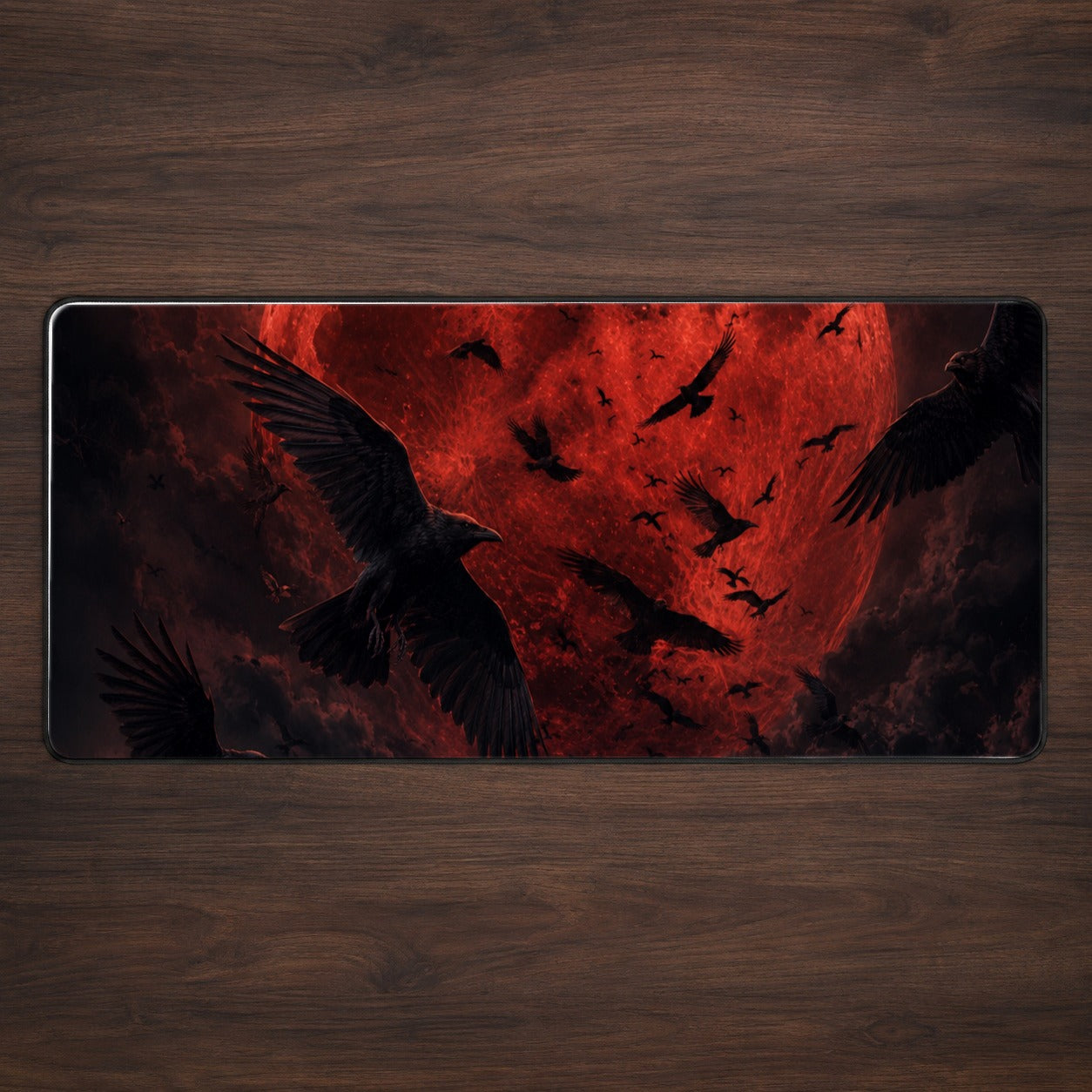 Red Moon Ravens Desk Mat 31.5x11.8 Inch, Gothic Celestial Art