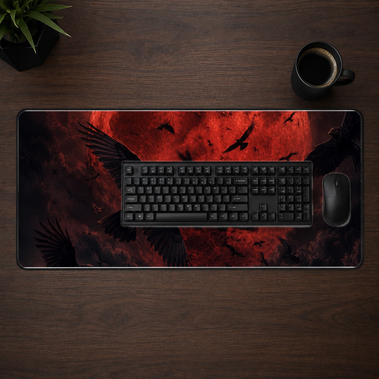 #pl[31.5x11.8 Inch (80x30cm)|Multicolor] Red Moon Ravens Desk Mat 31.5x11.8 Inch, Gothic Celestial Art