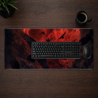 #pl[31.5x11.8 Inch (80x30cm)|Multicolor] Red Moon Ravens Desk Mat 31.5x11.8 Inch, Gothic Celestial Art