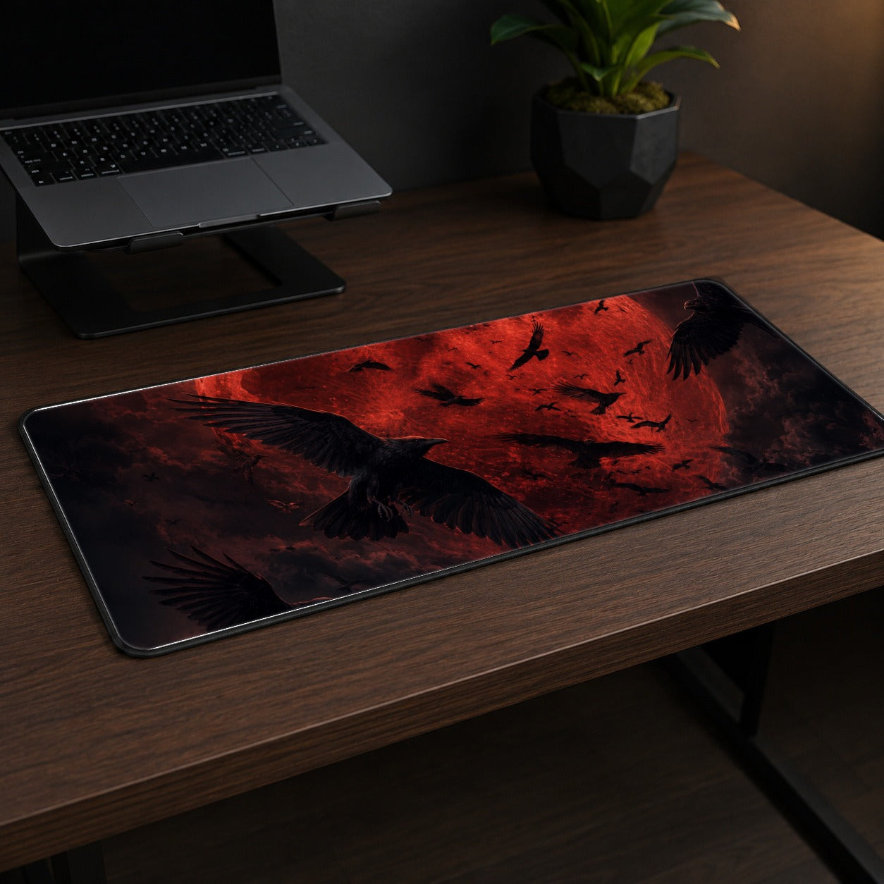 #pl[31.5x11.8 Inch (80x30cm)|Multicolor] Red Moon Ravens Desk Mat 31.5x11.8 Inch, Gothic Celestial Art