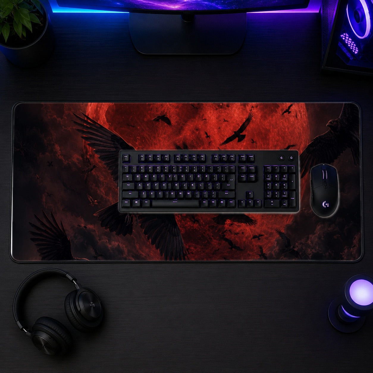 #pl[31.5x11.8 Inch (80x30cm)|Multicolor] Red Moon Ravens Desk Mat 31.5x11.8 Inch, Gothic Celestial Art