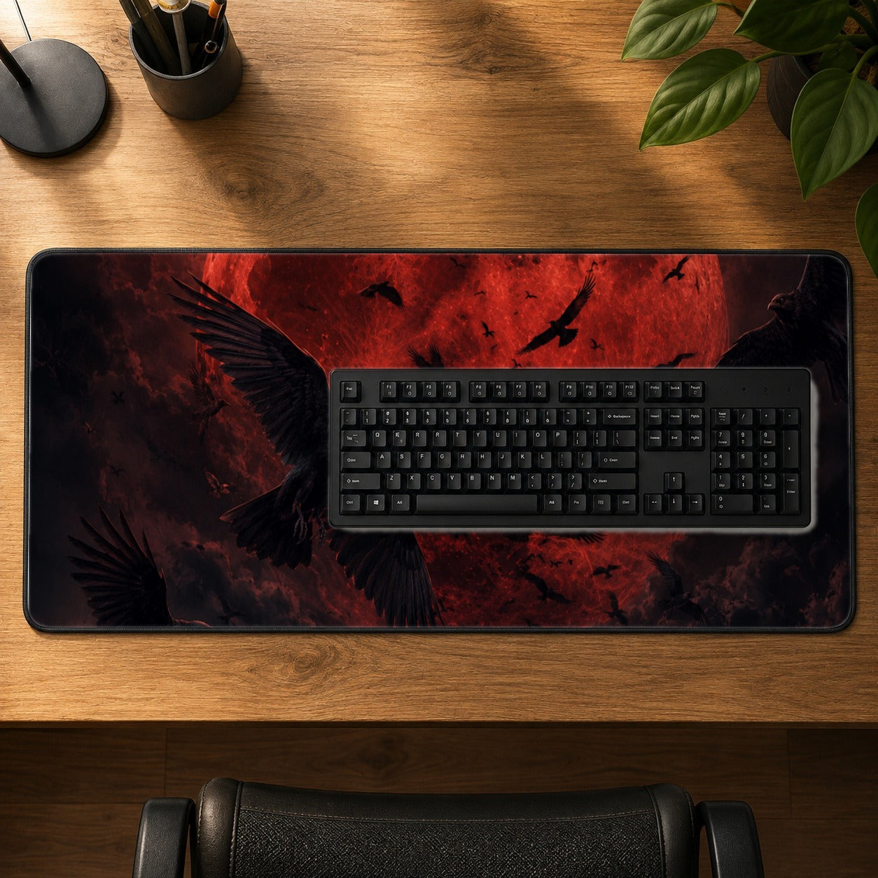 #pl[31.5x11.8 Inch (80x30cm)|Multicolor] Red Moon Ravens Desk Mat 31.5x11.8 Inch, Gothic Celestial Art