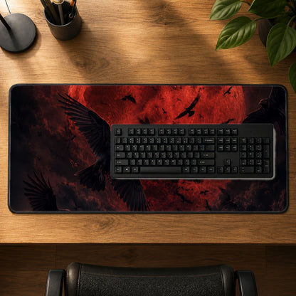 #pl[31.5x11.8 Inch (80x30cm)|Multicolor] Red Moon Ravens Desk Mat 31.5x11.8 Inch, Gothic Celestial Art