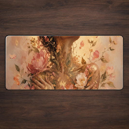 Floral Woman Desk Mat 31.5x11.8 Inch, Botanical Portrait Art