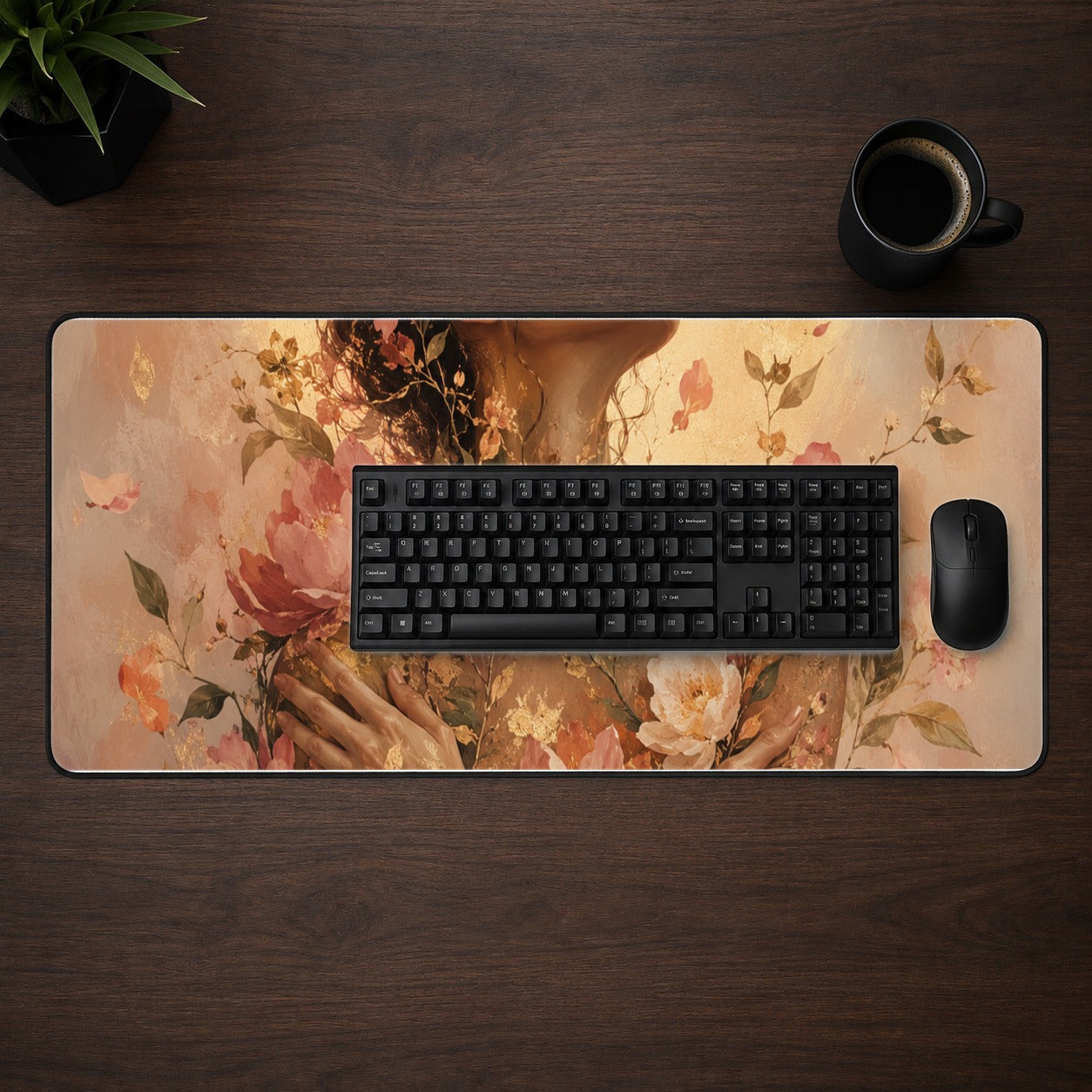 #pl[31.5x11.8 Inch (80x30cm)|Multicolor] Floral Woman Desk Mat 31.5x11.8 Inch, Botanical Portrait Art