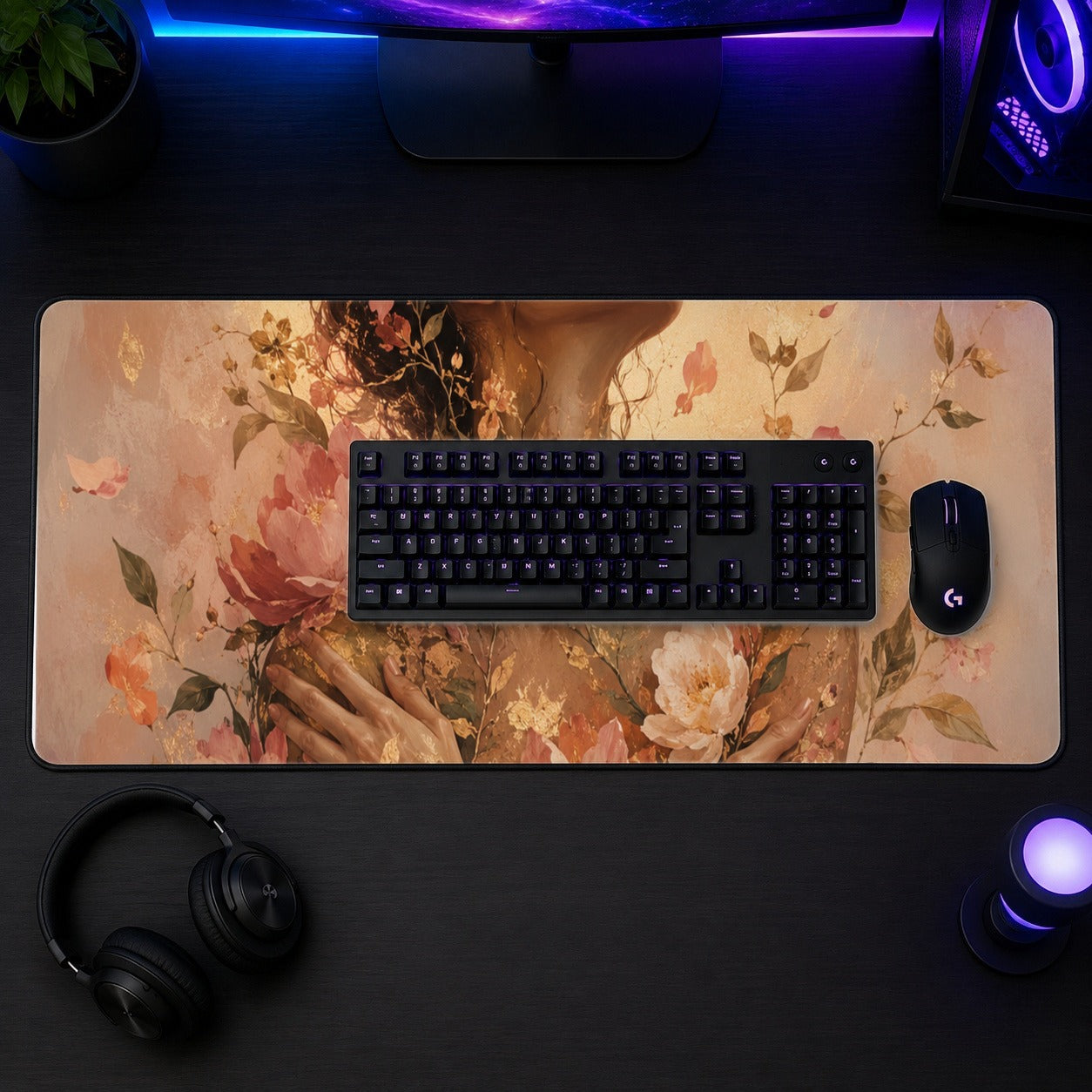 #pl[31.5x11.8 Inch (80x30cm)|Multicolor] Floral Woman Desk Mat 31.5x11.8 Inch, Botanical Portrait Art