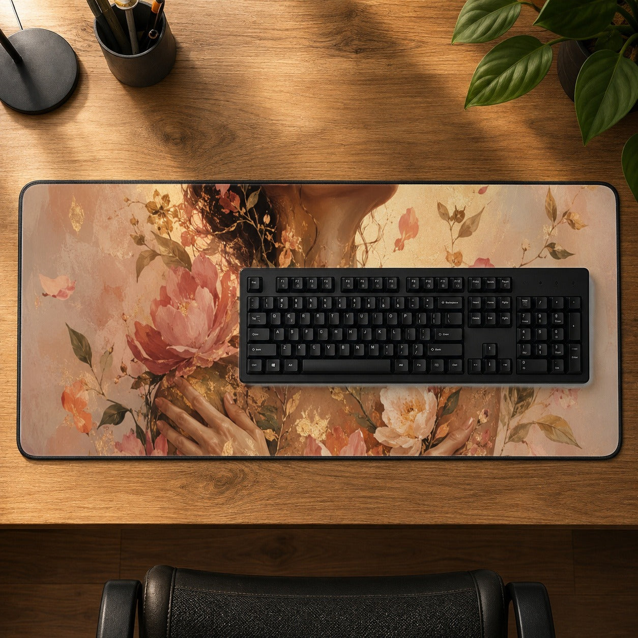 #pl[31.5x11.8 Inch (80x30cm)|Multicolor] Floral Woman Desk Mat 31.5x11.8 Inch, Botanical Portrait Art