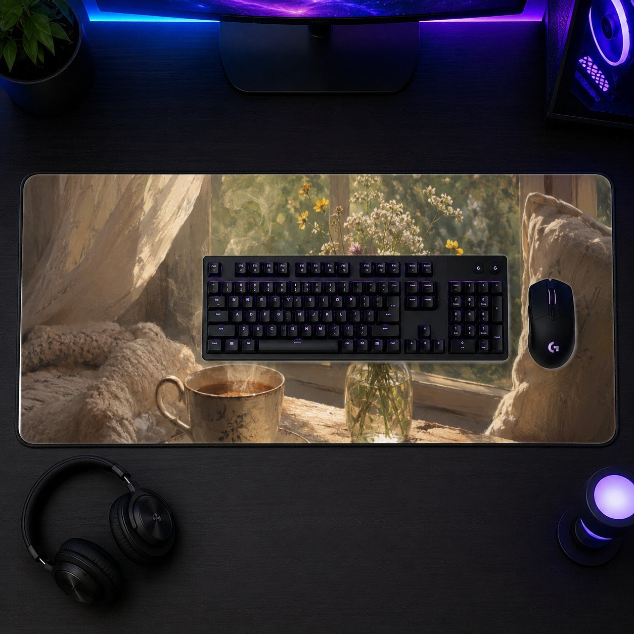 #pl[31.5x11.8 Inch (80x30cm)|Multicolor] Cozy Reading Nook Desk Mat 31.5x11.8 Inch, Book and Tea Art