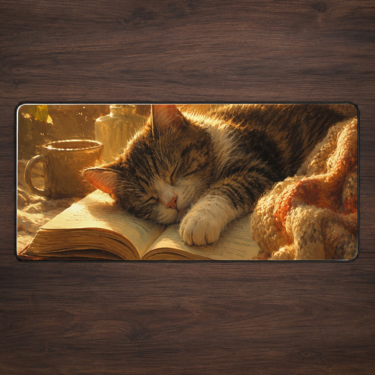 Sleeping Cat Book Desk Mat 31.5x11.8 Inch, Cozy Reading Art
