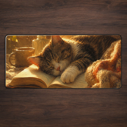 Sleeping Cat Book Desk Mat 31.5x11.8 Inch, Cozy Reading Art