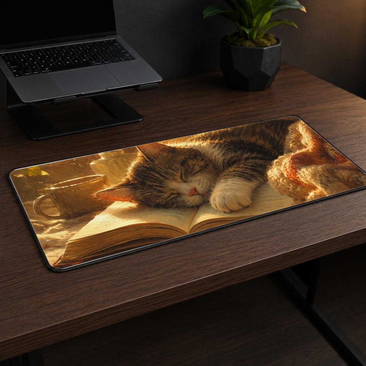 #pl[31.5x11.8 Inch (80x30cm)|Multicolor] Sleeping Cat Book Desk Mat 31.5x11.8 Inch, Cozy Reading Art