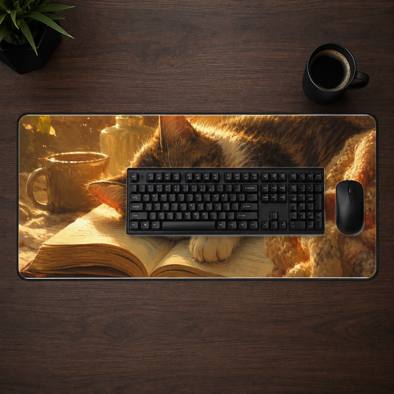 #pl[31.5x11.8 Inch (80x30cm)|Multicolor] Sleeping Cat Book Desk Mat 31.5x11.8 Inch, Cozy Reading Art