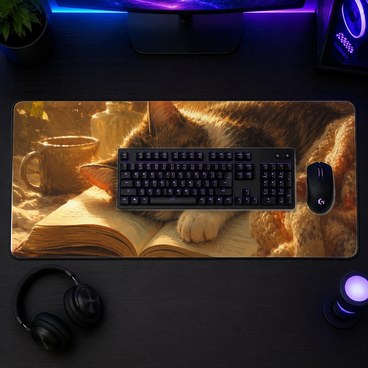 #pl[31.5x11.8 Inch (80x30cm)|Multicolor] Sleeping Cat Book Desk Mat 31.5x11.8 Inch, Cozy Reading Art