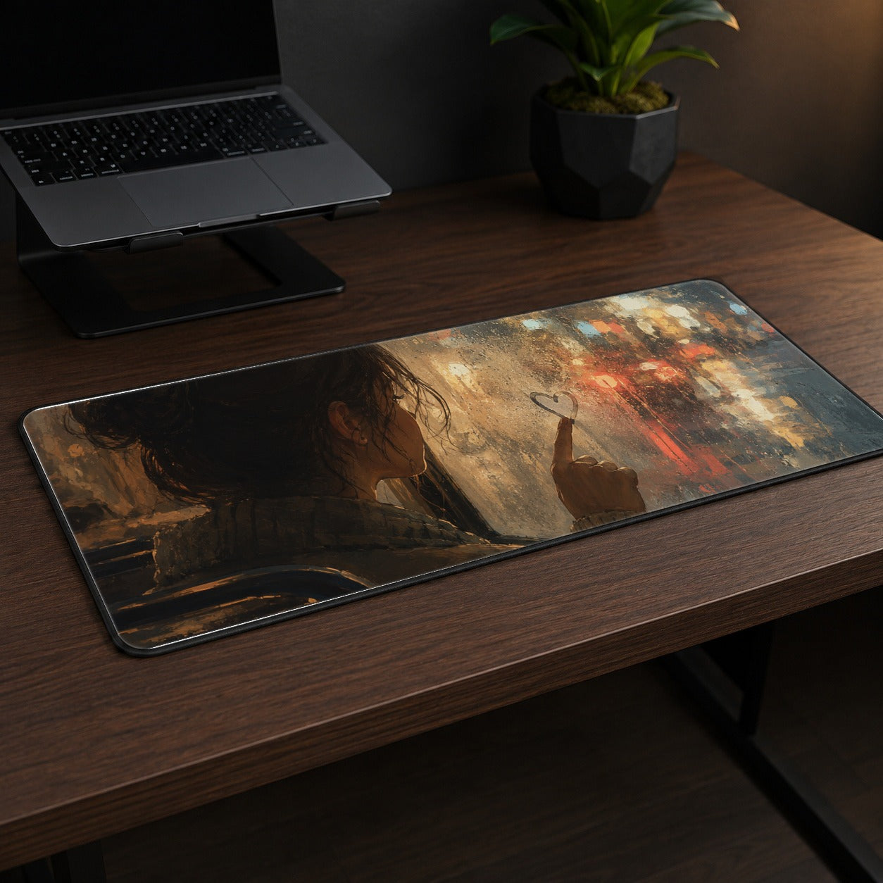 #pl[31.5x11.8 Inch (80x30cm)|Multicolor] Rainy Window Heart Desk Mat 31.5x11.8 Inch, Rainy Night City Art