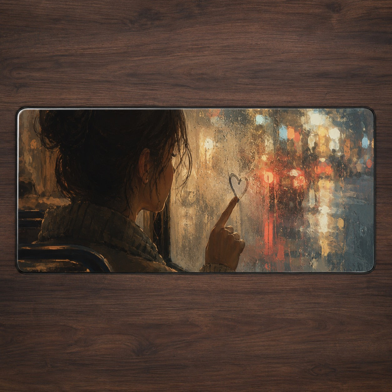 Rainy Window Heart Desk Mat 31.5x11.8 Inch, Rainy Night City Art
