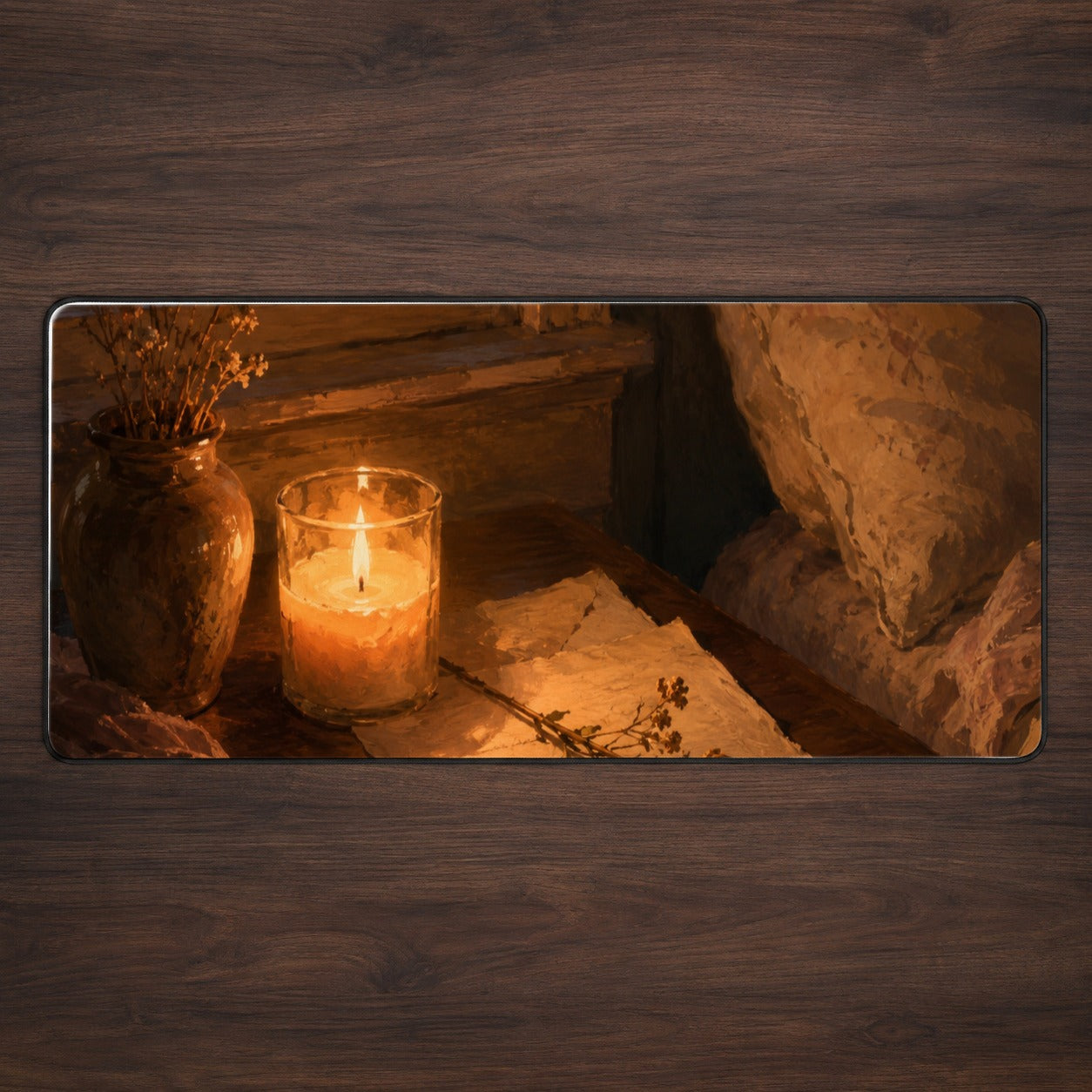 Candlelit Letter Rose Desk Mat 31.5x11.8 Inch, Cozy Sunset Bedroom Art