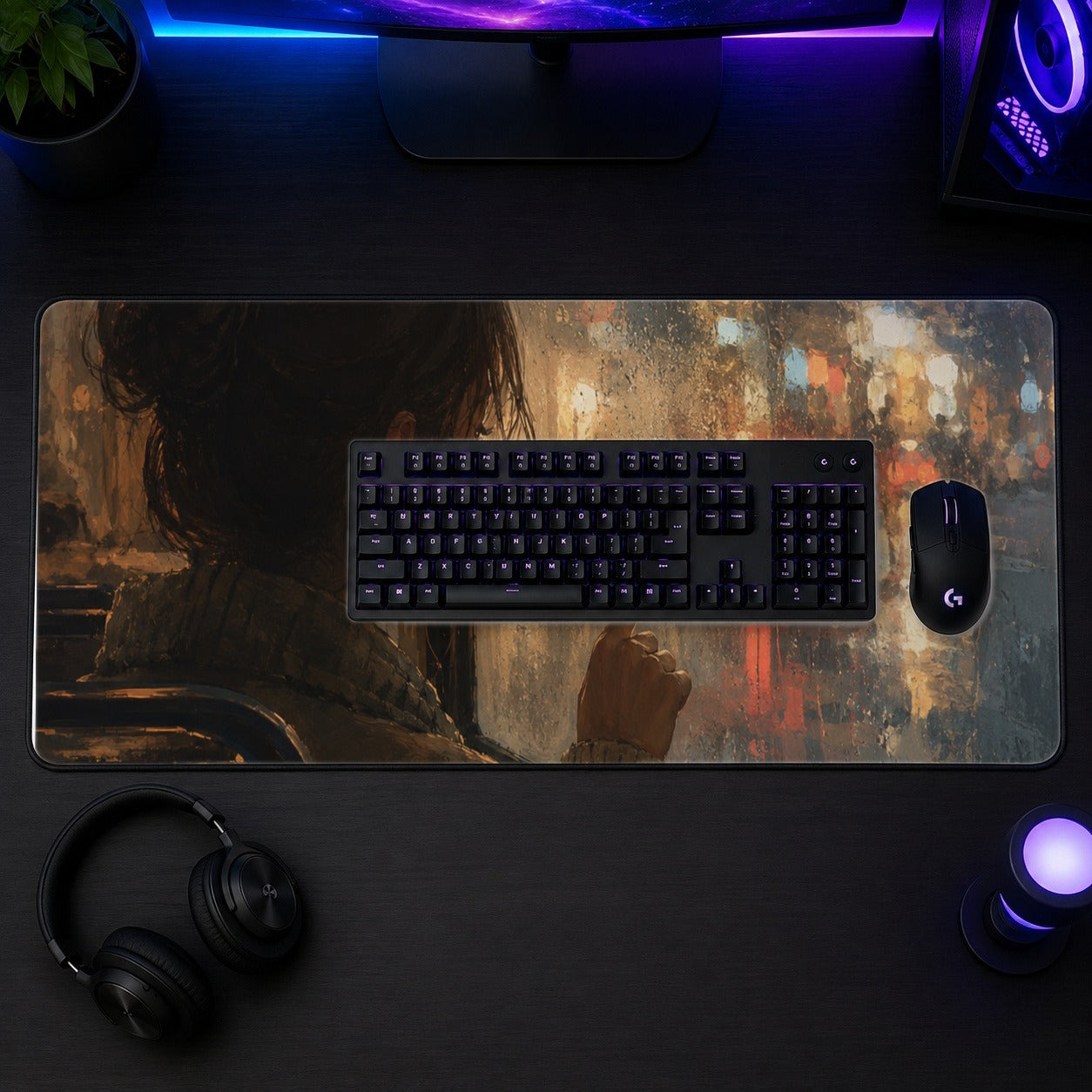 #pl[31.5x11.8 Inch (80x30cm)|Multicolor] Rainy Window Heart Desk Mat 31.5x11.8 Inch, Rainy Night City Art