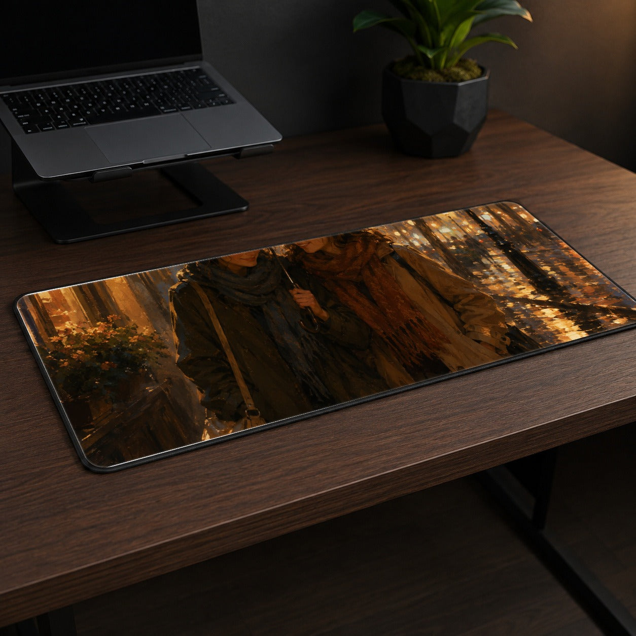 #pl[31.5x11.8 Inch (80x30cm)|Multicolor] Rainy Friendship Walk Desk Mat 31.5x11.8 Inch, Umbrella City Night Art