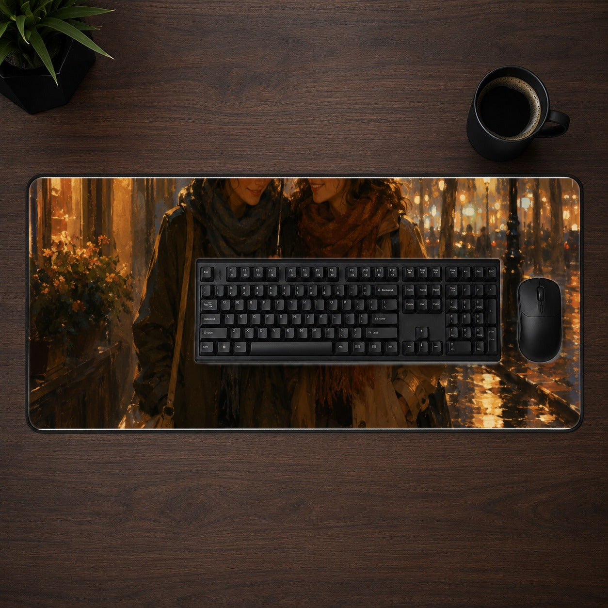#pl[31.5x11.8 Inch (80x30cm)|Multicolor] Rainy Friendship Walk Desk Mat 31.5x11.8 Inch, Umbrella City Night Art