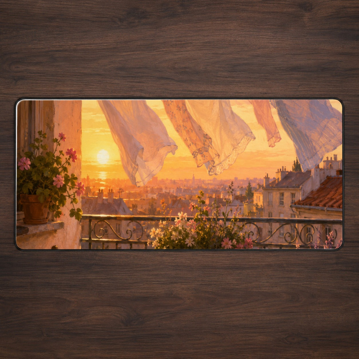 Sunset Laundry Balcony Desk Mat 31.5x11.8 Inch, Cozy European Balcony Art