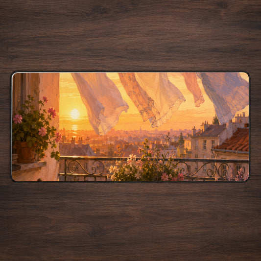 Sunset Laundry Balcony Desk Mat 31.5x11.8 Inch, Cozy European Balcony Art
