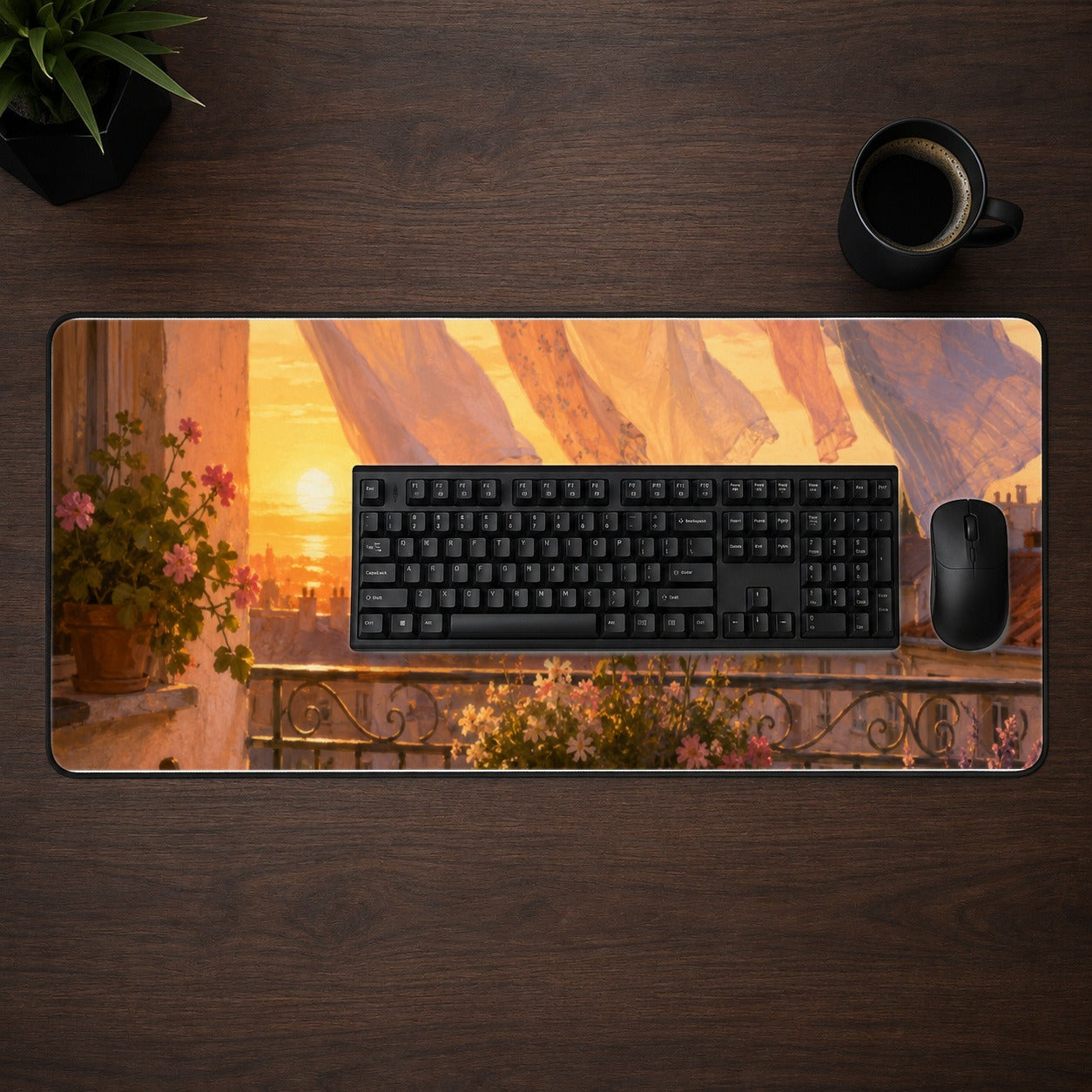 #pl[31.5x11.8 Inch (80x30cm)|Multicolor] Sunset Laundry Balcony Desk Mat 31.5x11.8 Inch, Cozy European Balcony Art