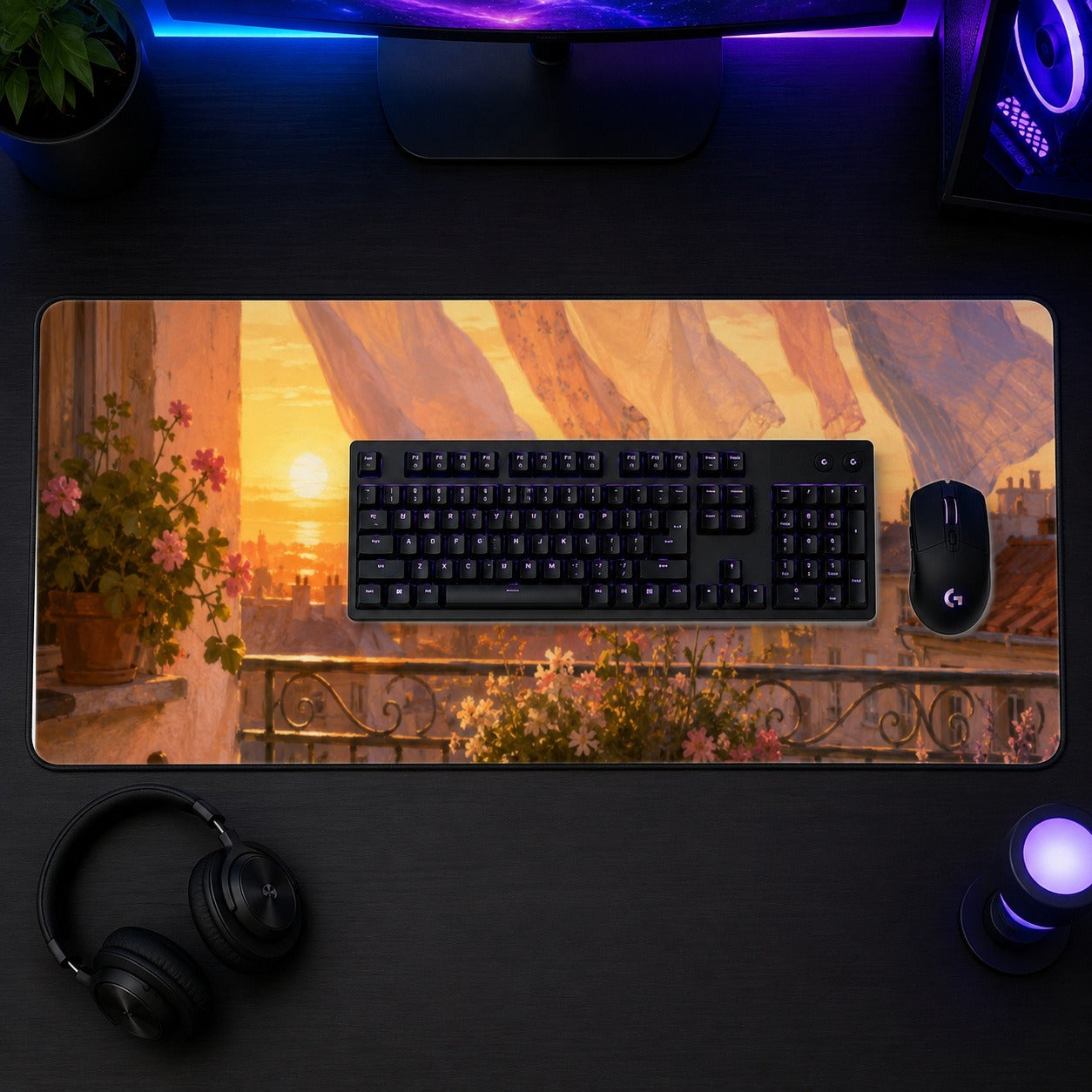#pl[31.5x11.8 Inch (80x30cm)|Multicolor] Sunset Laundry Balcony Desk Mat 31.5x11.8 Inch, Cozy European Balcony Art