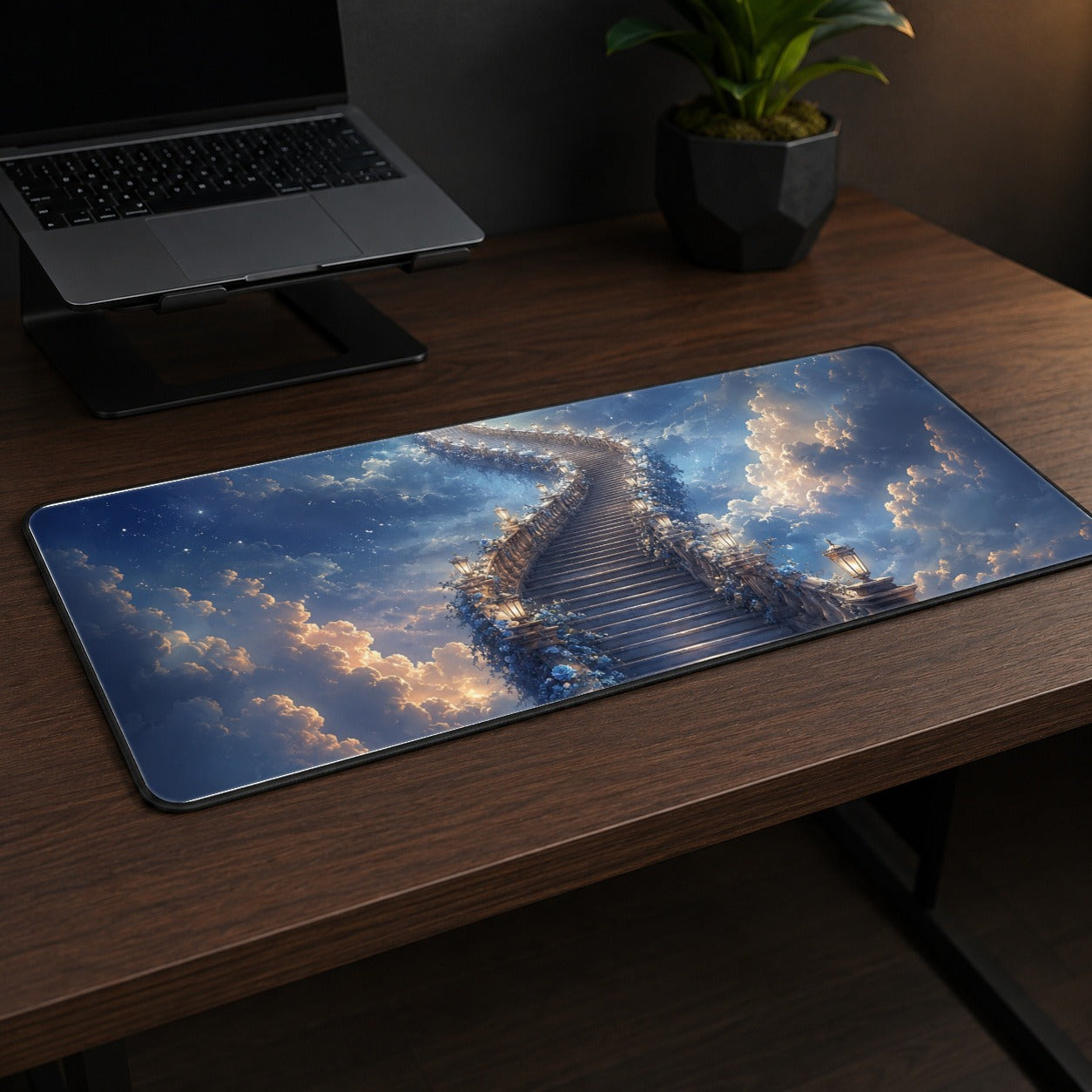 #pl[31.5x11.8 Inch (80x30cm)|Multicolor] Moon Stairway Desk Mat 31.5x11.8 Inch, Celestial Dreamscape Art