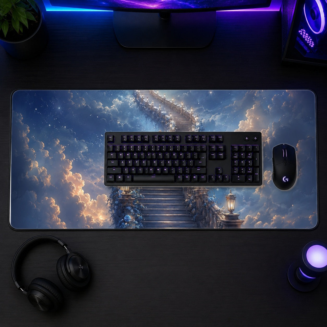 #pl[31.5x11.8 Inch (80x30cm)|Multicolor] Moon Stairway Desk Mat 31.5x11.8 Inch, Celestial Dreamscape Art