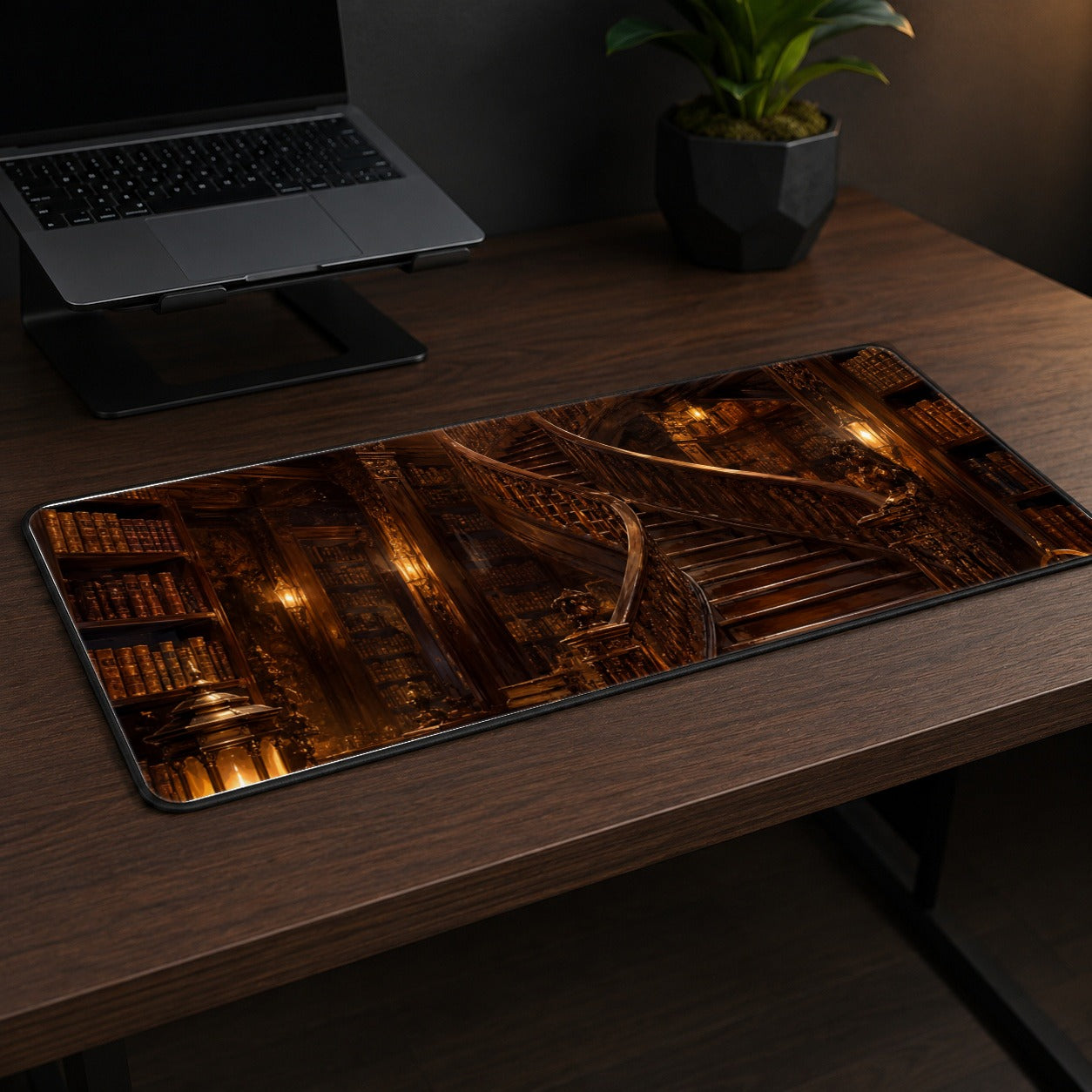 #pl[31.5x11.8 Inch (80x30cm)|Multicolor] Grand Library Staircase Desk Mat 31.5x11.8 Inch, Dark Academia Library Art