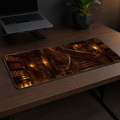 #pl[31.5x11.8 Inch (80x30cm)|Multicolor] Grand Library Staircase Desk Mat 31.5x11.8 Inch, Dark Academia Library Art
