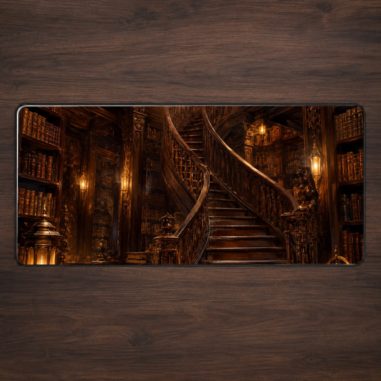 Grand Library Staircase Desk Mat 31.5x11.8 Inch, Dark Academia Library Art