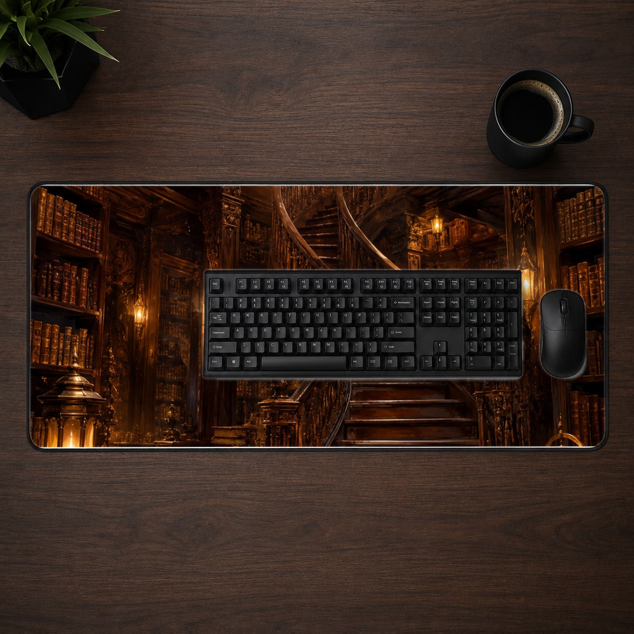 #pl[31.5x11.8 Inch (80x30cm)|Multicolor] Grand Library Staircase Desk Mat 31.5x11.8 Inch, Dark Academia Library Art