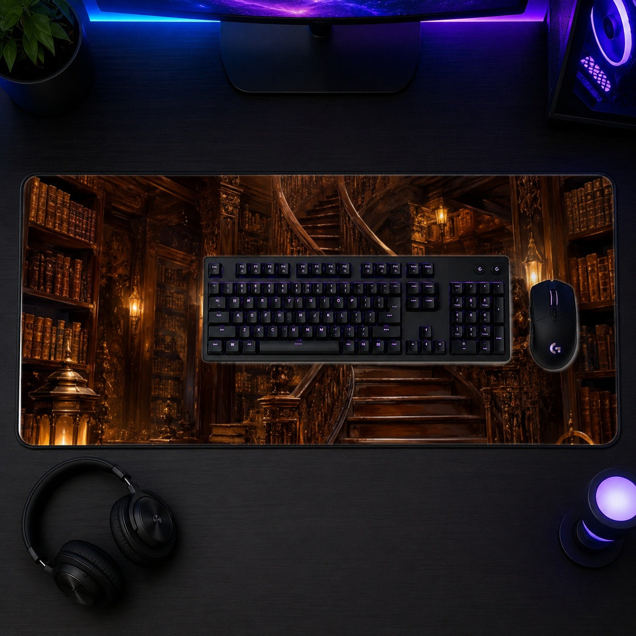 #pl[31.5x11.8 Inch (80x30cm)|Multicolor] Grand Library Staircase Desk Mat 31.5x11.8 Inch, Dark Academia Library Art