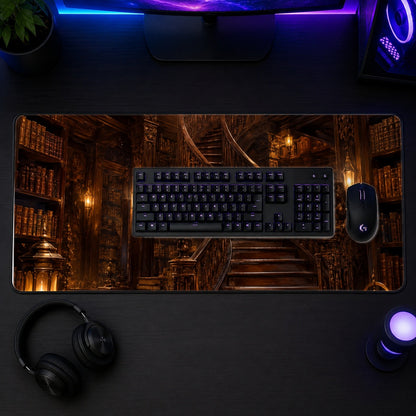 #pl[31.5x11.8 Inch (80x30cm)|Multicolor] Grand Library Staircase Desk Mat 31.5x11.8 Inch, Dark Academia Library Art